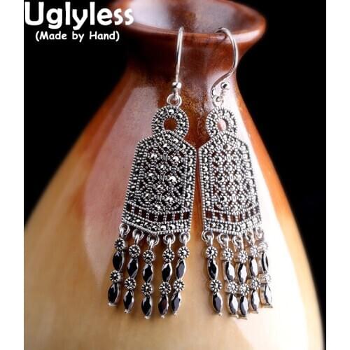 Uglyless Fashion Tassels Exotic Earrings for Women Garnet Brincos Exaggerated Big Size Square Medals Earrings 925 Silver Jewelry