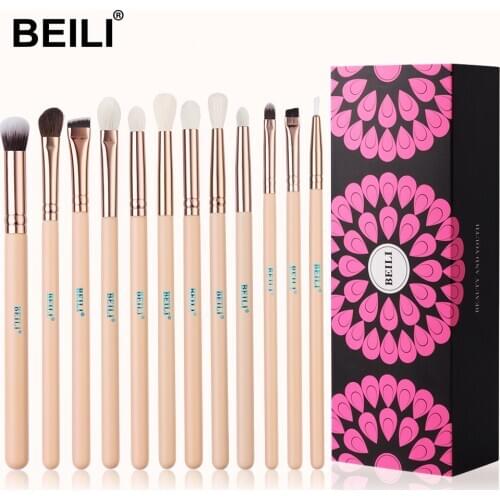 BEILI Pink Rose makeup brushes goat hair eye blending pro set eyebrow eyeshadow 12 pcs make up brushes with 4pcs makeup sponge
