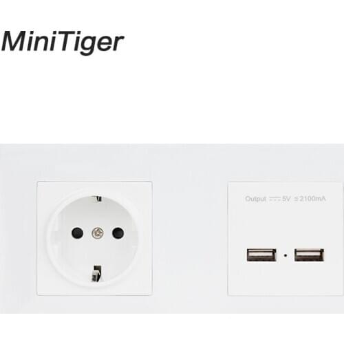 Minitiger Wall PC Panel EU Standard Wall Power Socket 16A EU Electrical Outlet Dual USB Smart Charging Port 5V 2A Output