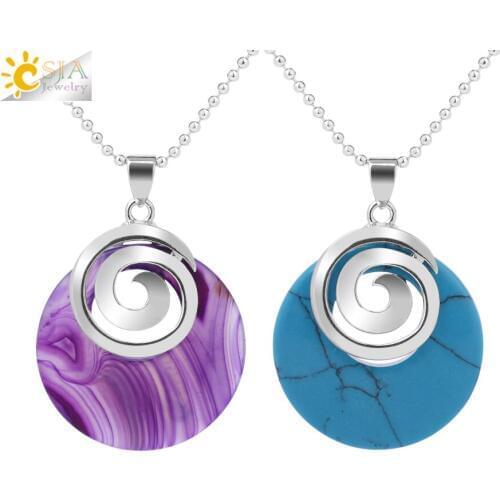 CSJA Natural Purple Red Agates Stone Shell Necklaces Pendants for Girl Round Spiral Shape Blue White Howlite Reiki Jewelry F830