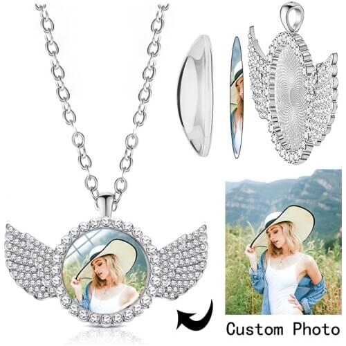Custom name necklace female personality photo with wings crystal glass pendant couple gift double sided heart friendship jewelry