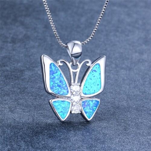 White Blue Opal Stone Necklace Female Butterfly Pendant Chain Necklace Charm Black Gold Silver Color Wedding Necklaces For Women