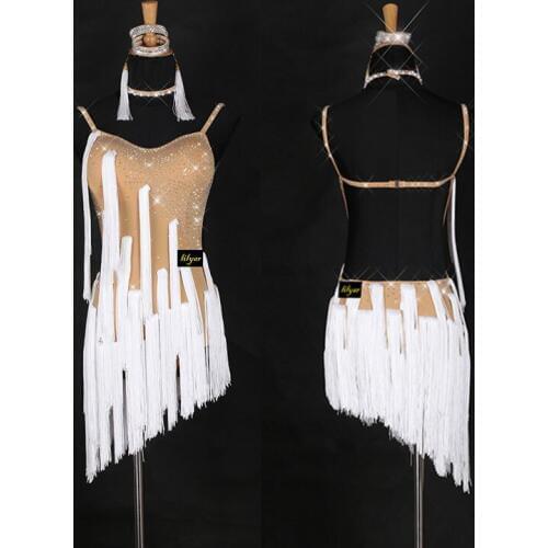 Latin Dance Competition Dress Performing Dress Nude Skin White Leaf Skirt Latin Dance Dress