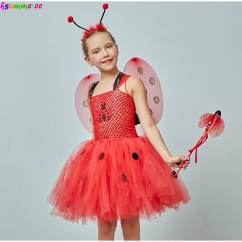 Girls Ladybug Tutu Dress Kids Ladybug Halloween Birthday Insect Animal Costume Girls Fancy Dress with Wings Antenna and Wand