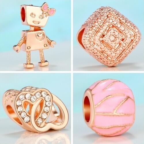 Rose Gold Cute Robot Peach Heart Beads Alloy Large Hole Beaded Accessories Bracelet Necklace Accessories Pendant
