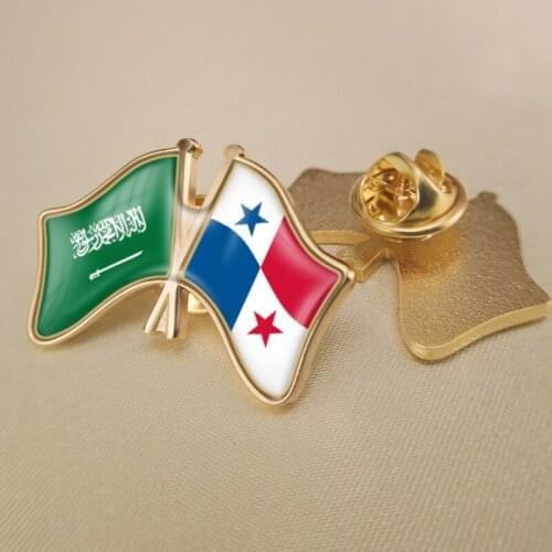 Saudi Arabia and Panama Crossed Double Friendship Flags Lapel Pins Brooch Badges