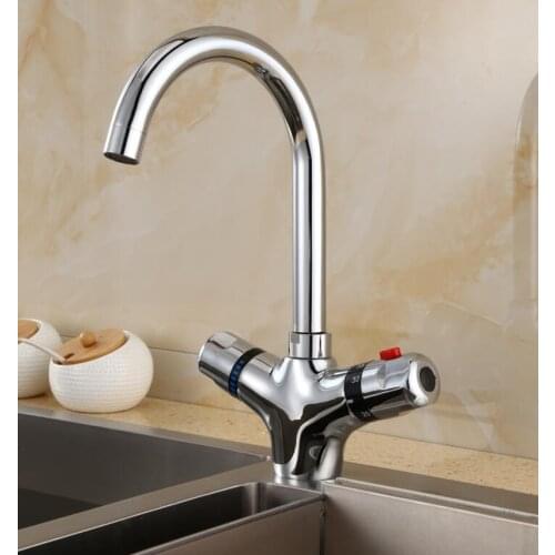 360 rotating Deck Mounted Brass Solid Thermostatic Basin Faucet Chrome Finished Double Handle Cold and Hot Water Kitchen Faucets