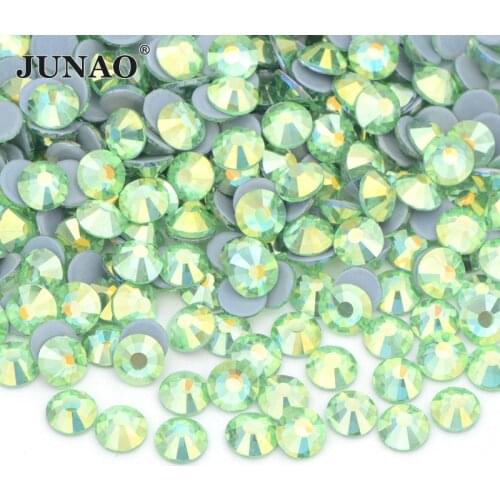 JUNAO SS 6 8 10 12 16 20 30 Green AB Hot Fix Rhinestone Decoration Iron On Glass Crystal Diamonds Glitter Stone for Fabric Craft