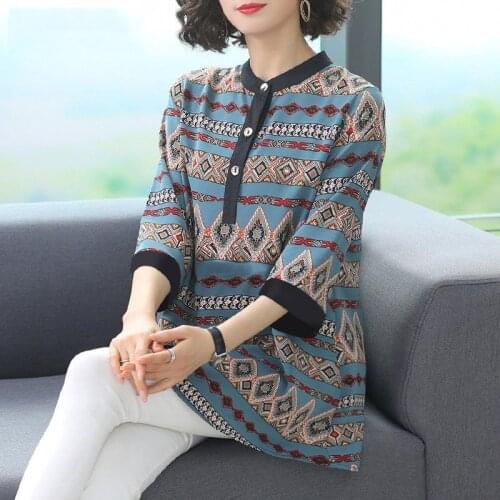 Tunic Women Blouse Vintage Clothes Ladies Tops Print Loose Casual Button Up Basic Tee Shirt Half Sleeve