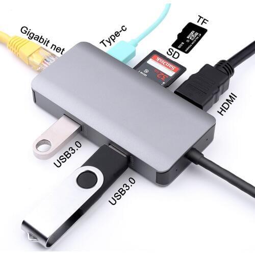 7 in 1 USB 3.1 Type C 4K HDMI 2.0 1000M/100M RJ45 100W Type C PD Charging USB 3.0 SD/TF Card Reader Hub for Projector Macbook