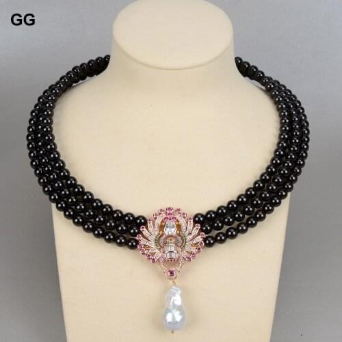 GuaiGuai Jewelry 19" 3 Rows Round Garnet Choker Necklace Cz White Keshi Pendant