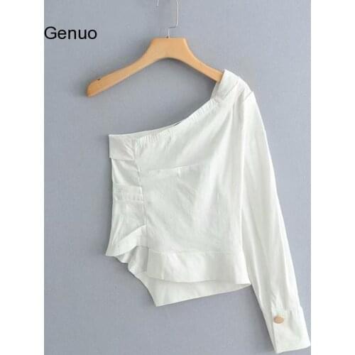 Women Fashion Solid Color One Shoulder Pleated Shirt Blouses Women Irregular Hem White Roupas Femininas Chemise Shirt Ls3222