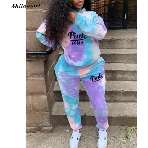 Tie Dye 2 Piece Set Women Plus Size 3XL Tracksuits Suits Pink Letter Print Casual Sporty Hoody Outfits 2021 Fashion Sweatsuits