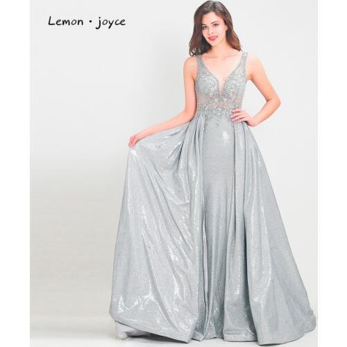 Lemon joyce 2020 Stunning Beading Evening Dress Long Sleeveless Backless A-Line Shininy Formal Party Dress Prom Gowns Plus Size