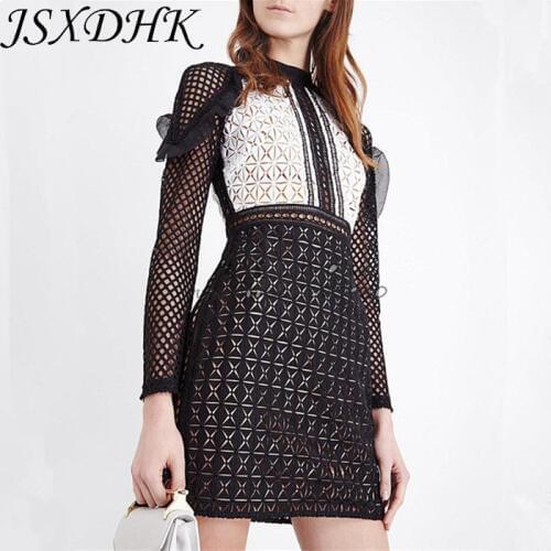 JSXDHK Designer Runway Autumn Dress Self Portrait Black White Patchwork Lace Pencil Dress Slim Ruffles Hollow Out Women Dress