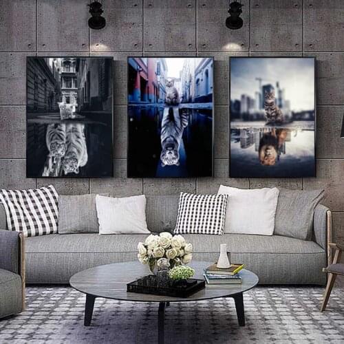 Animal Art Cat Reflection Tiger Lion Canvas Painting Wall Art Posters Prints Wall Pictures for Living Room Home Cuadros Decor