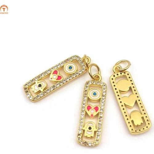 5pcs Gold Enamel Pendant Heart Evil Eye CZ Micro Pave Tiny Rectangle Shape Pendant Gold Charm For Women Necklaces Jewelry Making