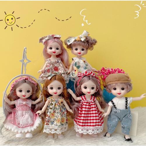 16CM Smiley BJD Doll with Clothes Headwear 3D Eyes Fashion Princess Baby Girls Boy Dress Up Dolls Accessories Diy Toy Gift 1/12