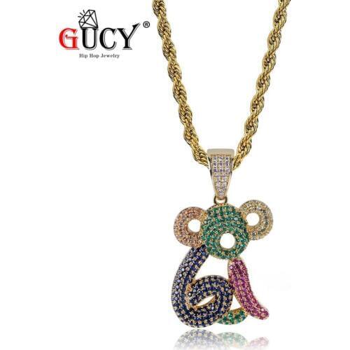 GUCY Hiphop New Arrival Animal Monkey Pendant Necklace Cubic Zircon Multicolor Necklaces With Iced Out Tennis Chain Gift For Men