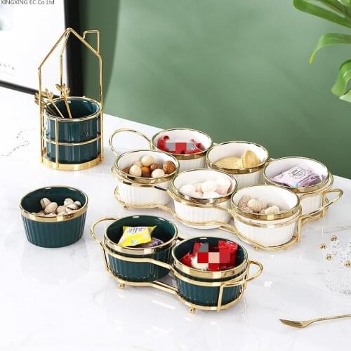 Creative Snack Dishes Ceramic Plate Nordic Living Room Household Divided Grid Nut Snack Platter Candy Box Metal Iron Rack