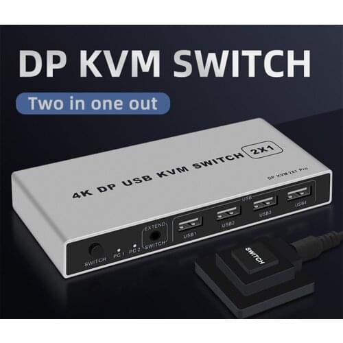 Dual-port Displayport KVM Switch 2x1 USB Displayport KVM 4K DP 1.2 Switcher 4KX2K/60Hz 2K/144Hz Displayport 2 in 1 out KVM USB