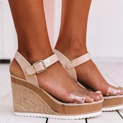 Summer Concise Ladies Sandals Casual PU Soft Buckle Solie High Heel Platform Wedge Front Female Sandals