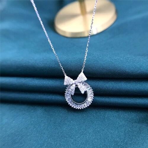 Fashion Female Silver Color Necklace Luxury Crystal Cute Bowknot Necklace White Zircon Round Circle Pendant Necklaces For Women