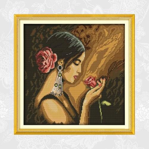 Rose girl patterns aida cross-stitch kits, diy handwork Beginner cross stitch set, print on canvas embroidery needlework
