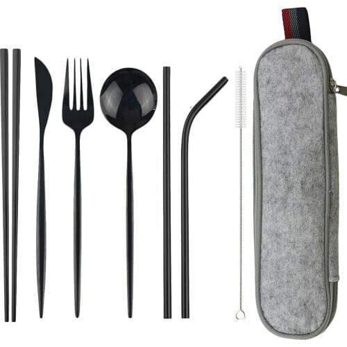 8Pcs 304 Stainless Steel Dinnerware Set Spoon Fork Chopsticks Straw With Bag Cutlery Set For Travel Outdoor Office Picnic BBQ