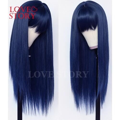 Lovestory Blue Color Silky Straight Synthetic None Lace Wigs Heat Resistant Synthetic Replacement Hair Wig For Women