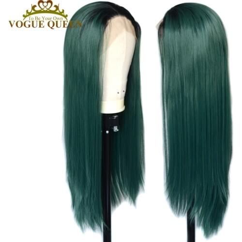 Vogue Queen Black Dark Green Synthetic Ombre Long Straight Wigs Natural Hairline Cosplay For Women
