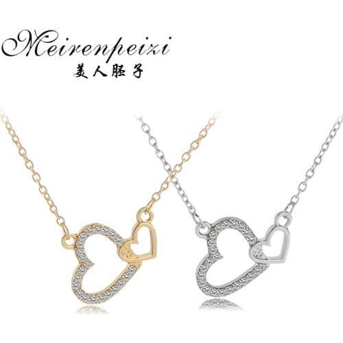 Personalized Gold Silver Color Crystal Double Heart Pendant Necklace Sweetheart Love Dainty Necklace Wedding Gifts for Her
