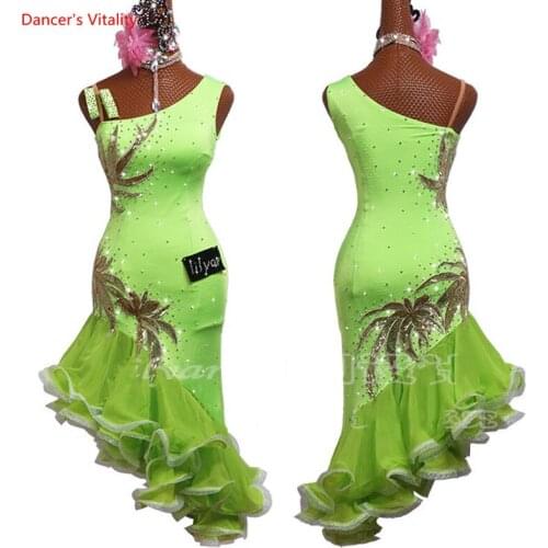 Latin Dance Competition Dress Adult Customize Children Costumes Embroidered Fluorescent Green Fishbone Skirt Latin Dress