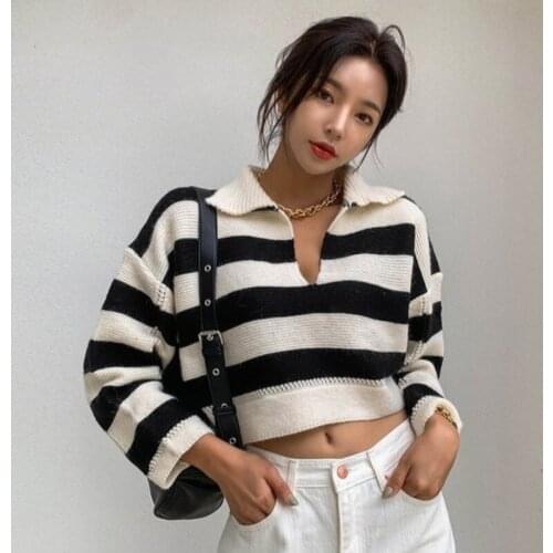 Japan Style Pull Femme Autumn Vintage Hit Color Lapel Red Striped Pullover Sweater Lazy Black Long Sleeve Knitted Top Crop