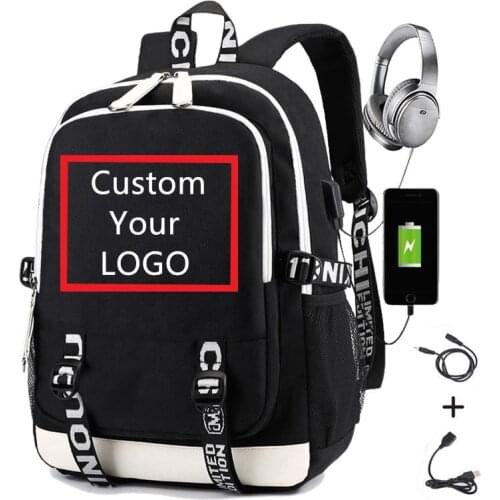 Customize Backpack for Men Women DIY LOGO Print Custom Made Solid Color Blank Laptop Backpacks School Bags USB Charging
