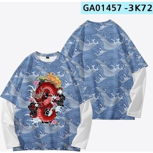 Spring Men Women Cool Long Sleeve T-shirt Dragon Print Streetwear Couple Loose Fake Two Pieces Sweatshirt XXS-4XL