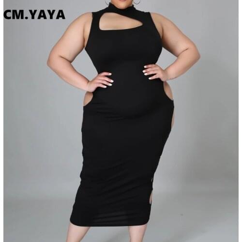 CM.YAYA Women Dress Plus Size XL-4XL Solid Hole Sleeveless Turtleneck Sheath Elastic Mid Calf Dresses Sexy Night Party Dress