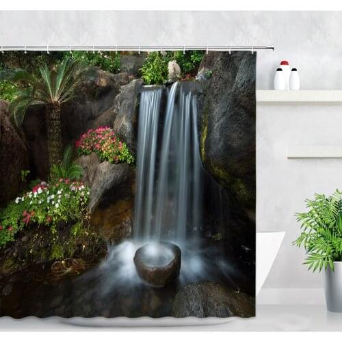 Waterfall Landscape Shower Curtain Tropical Plant Palm Trees Flowers Design Garden Scenery Bathroom Decor Hooks Fabric Curtains