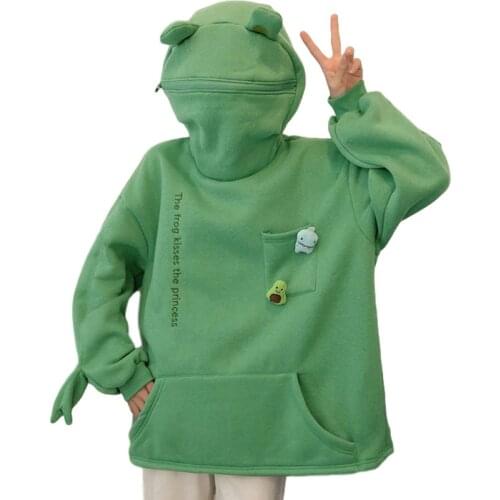 Harajuku Women Hoodie Frog Pullover Spring Sense Hooded Casual Sweatshirts Autumn Embroidery Loose Top Doll Decoration Hoodies
