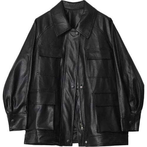 Mid-length Loose Vintage Black Big Pocket Faux Leather Coat Plus Belt Spring Autumn 2021 Women Casual Biker Jacket Veste Femme