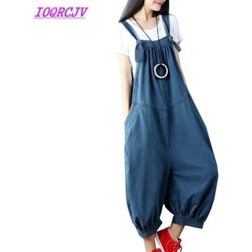 Large code Rompers Womens clothing New Spring and autumn Denim Large size Loose Casual Jumpsuits Medium length Harem pants B041