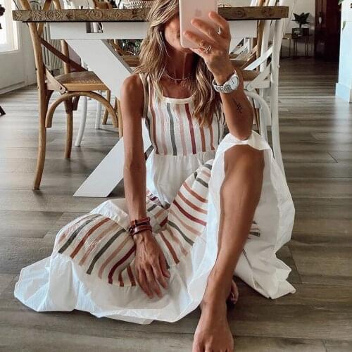 Women Elegant O-Neck Sleeveless Beach Long Dress 2021 Summer Fashion Stripes Patchwork Party Dresses Female Casual Loose Dress
