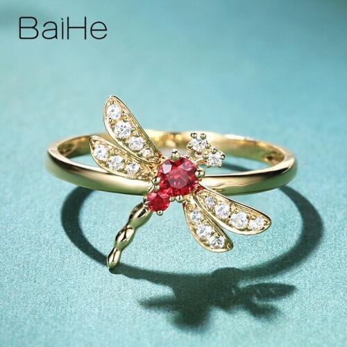 BAIHE Solid 14K Yellow Gold 0.10ct Rubis 0.10ct White sapphire 0.01ct Diamonds Women Wedding Trendy Fine Jewelry dragonfly Ring