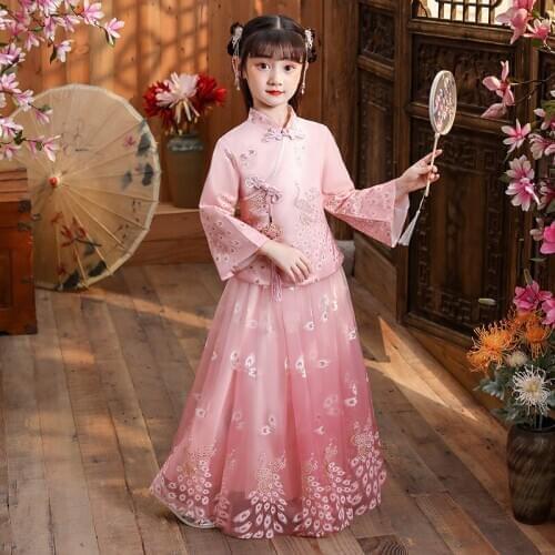 2PCS Flower Girls Dresses kids Dresses Girls Chinese Cheongsam Baby Elegant Clothes Traditional Chinese Garments for Children