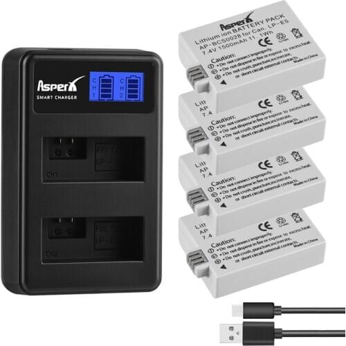 4Pcs LP-E5 LPE5 LP E5 Camera Battery&LCD Charger for Canon EOS Rebel XS, Rebel T1i, Rebel XSi, 450D, 500D, 1000D, Kiss X3,X2, F