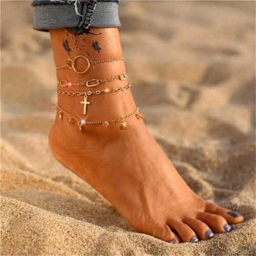 4Pcs/Set Bohemian Style Gold Cross Chain Anklets for Women 2021 Vintage Multi-layer Butterfly Anklet Foot Beach Jewelry
