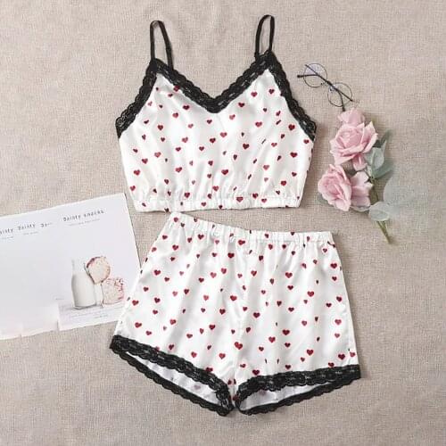 Satin Womens Sleepwear Sexy Pajama Set Black Lace V-neck Pyjamas Sleeveless Cute Cami Top And Shorts Homewear Pyjama Pour Femme