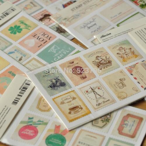 Free shipping 1 lot=16 sets=32 pcs DIY Scrapbook Paper Retro Tower Flower Stamps Stickers Decoration Sticker