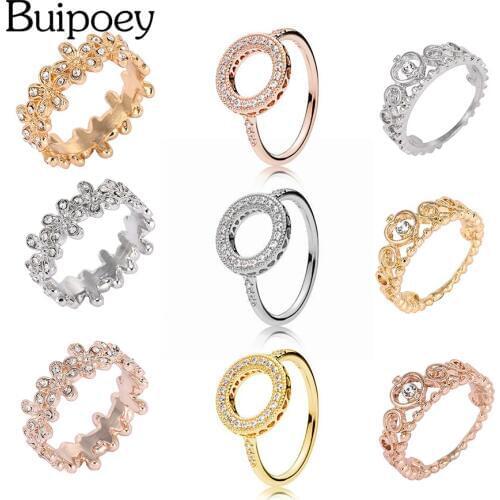Buipoey Fashion Simple Silver Color Plated Daisy Group Ring Wreath Ring Heart Crown Crystal Ring Jewelry For Women