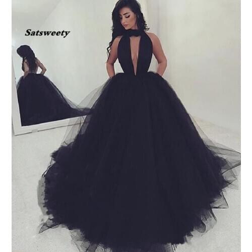 Black Prom Dresses Ball Gown Halter Tulle Backless Sexy Party Maxys Long Prom Gown Evening Dresses Robe De Soiree